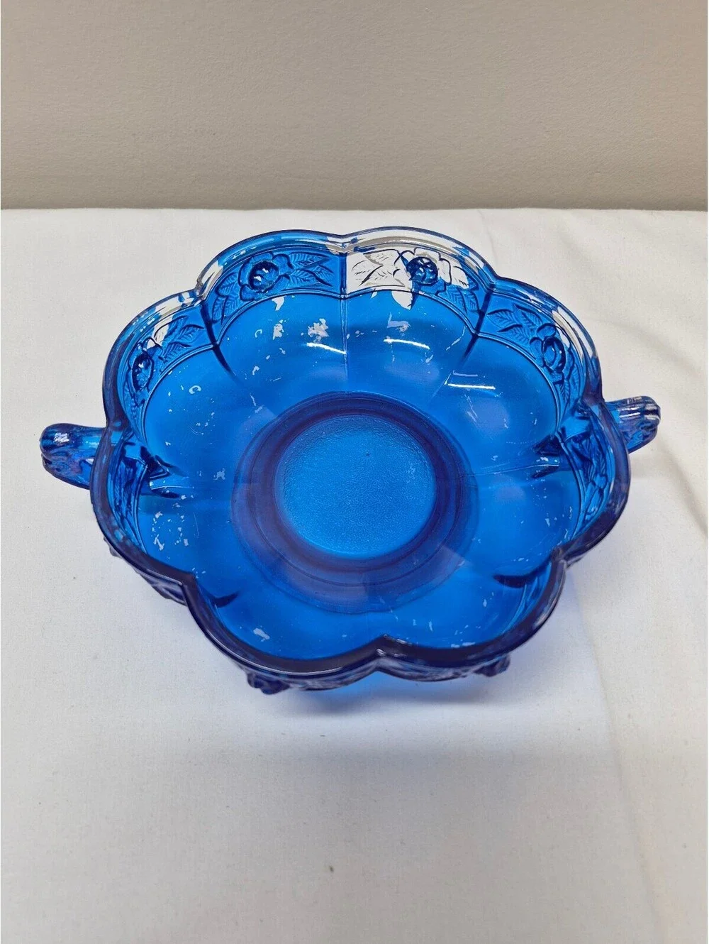 Vintage Glass Decorative Bowl with Blue Paint and Handles J4